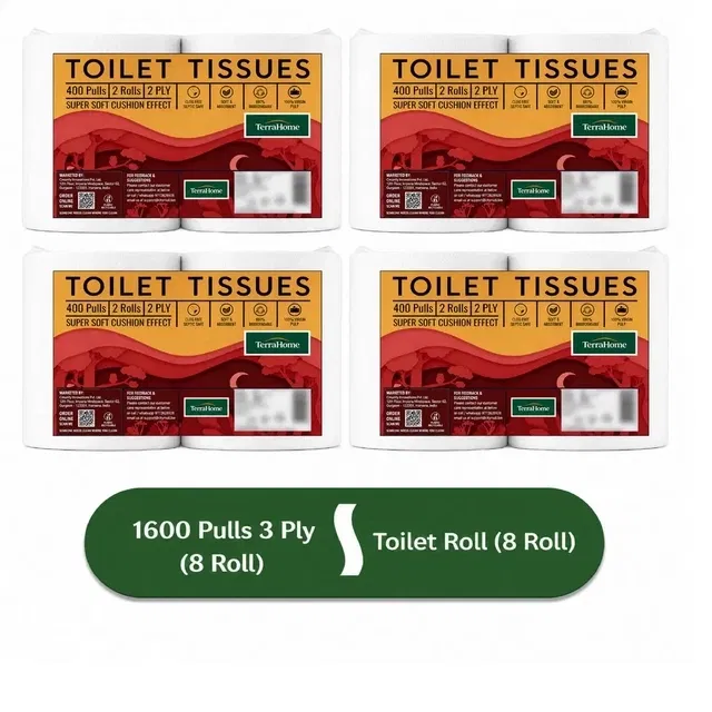 Terrahome Toilet Tissue Paper Rolls, 2 Ply, 1600 Pulls [8 X 200 Pulls] [Pack Of 4]