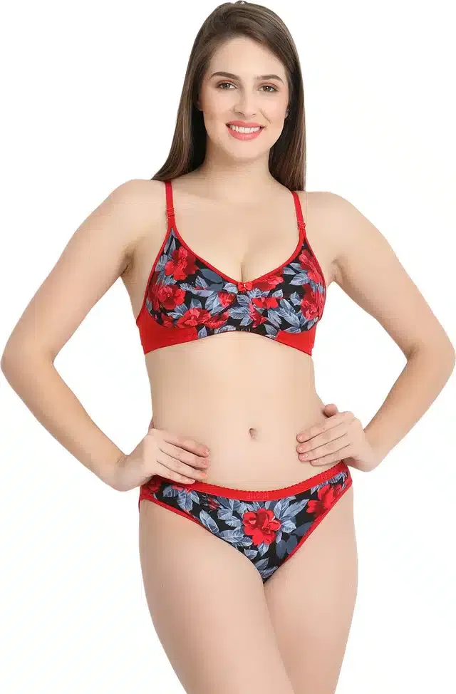 Cotton Blend Lingerie Set for Women (Red, 32)