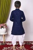 Rayon Cotton Embellished Kurta with Dhoti for Boys, Navy Blue & White 