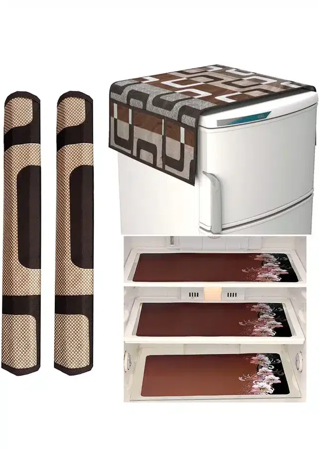 Knit Printed Fridge 3 Pcs Mat with 2 Pcs Handle & Top Cover (Multicolor, Set of 1)