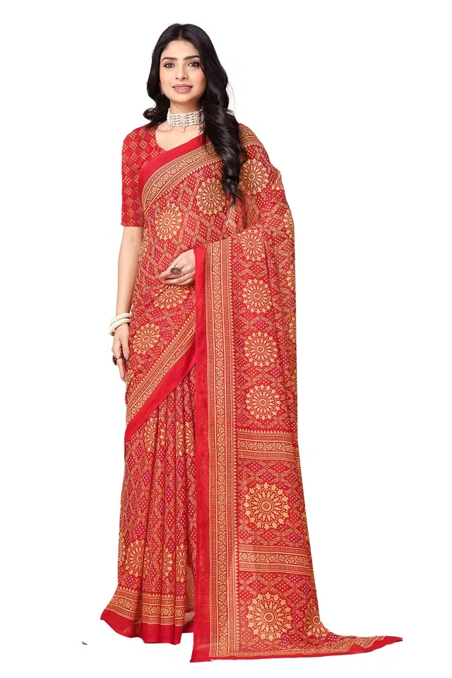 Georgette Printed Saree for Women (Red, 6.3 m)