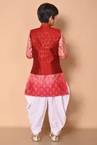 Dupion Silk Printed Kurta with Dhoti for Boys, Red & White 