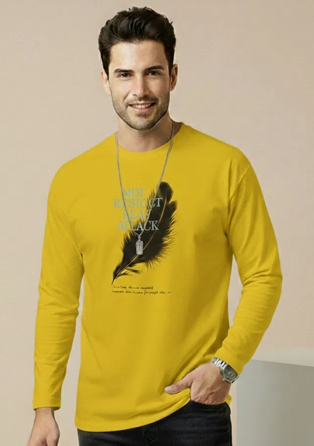 Polyester Printed T-shirt for Men, Mustard (M)