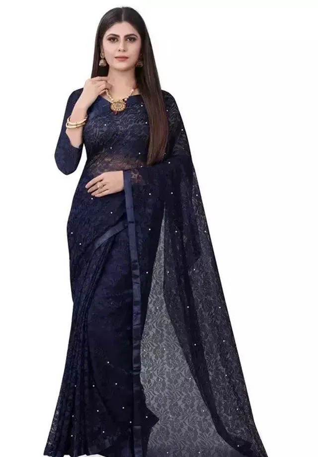 Net Solid Saree for Women (Navy Blue, 6.3 m)