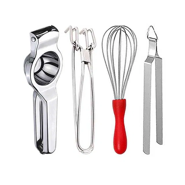 Stainless Steel Lemon Squeezer & Pakkad & Egg Whisk & Roti Chimta For Kitchen (Set of 4) (OC-061)