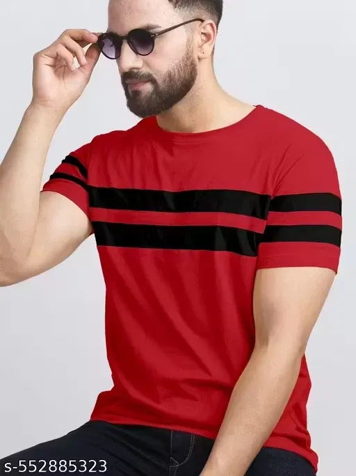 Stripes Polyester T-Shirts for Men ,Red & Black (XL)