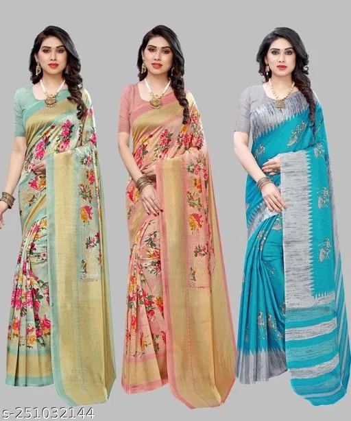 Art Silk Saree for Women, Pack of 3 (Orange, Free Size)
