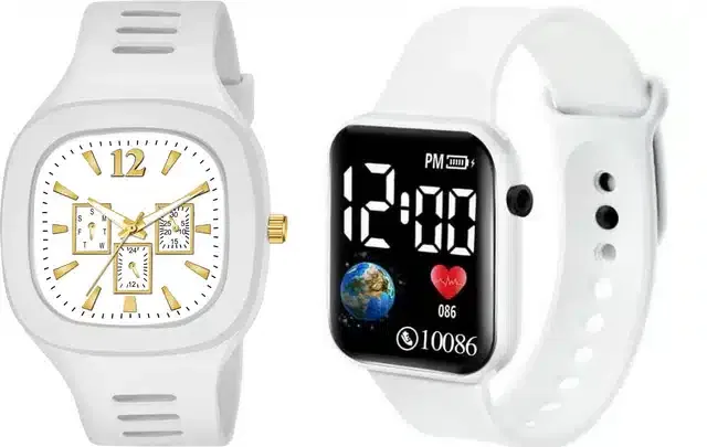 Analog with Smartwatch Combo for Men (White, Pack of 2)