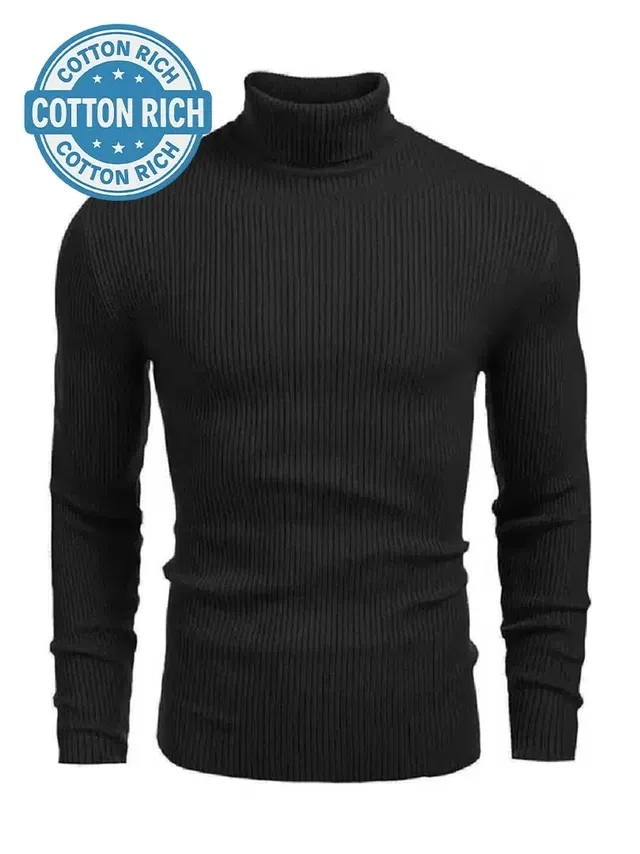 Cotton Blend High Neck T-shirt for Men (Black, XL)