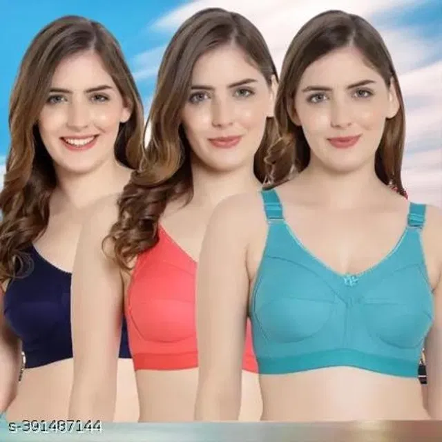 Cotton Blend Solid Non Padded Bra for Women (Multicolor, 32C) (Pack of 3)