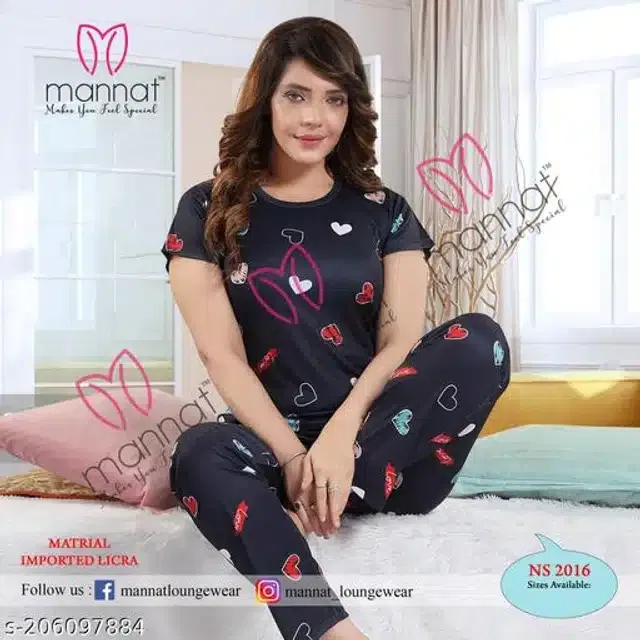 Satin Nightsuit for Women (Black, XXL)