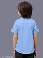 Solid Cotton Blend Mandarin Collar Short Sleeve Shirt for Boys 