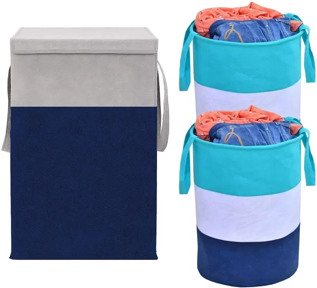 Canvas Laundry Basket,Blue & Green, (Pack Of 3)