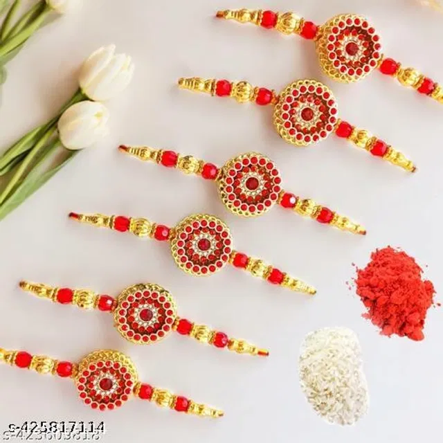 Handmade Designer Rakhi with Roli Chawal (Multicolor, Pack of 6)