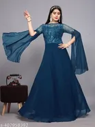 Georgette Embellished Gown for Women (Teal, S)