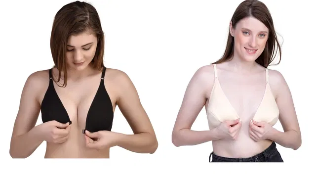 Polycotton Non-Padded Front Open Bra for Women (Black & Beige, 38) (Pack of 2)