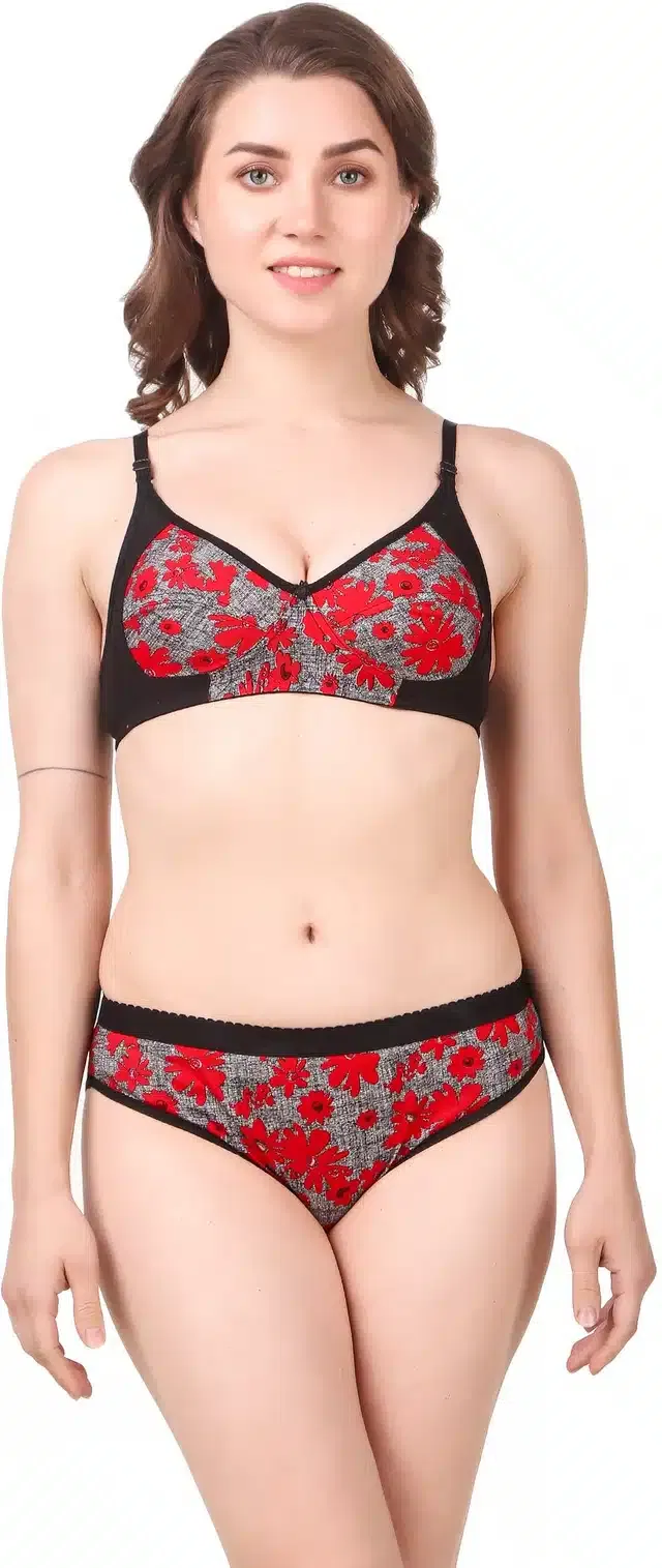Cotton Blend Lingerie Set for Women (Red, 36)