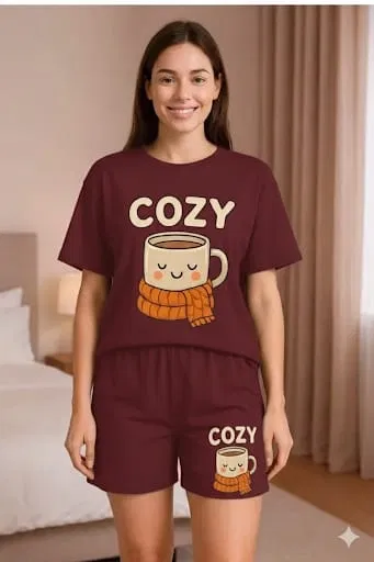 Cotton Blend Printed Top & Bottom Set for Women, Maroon (M)