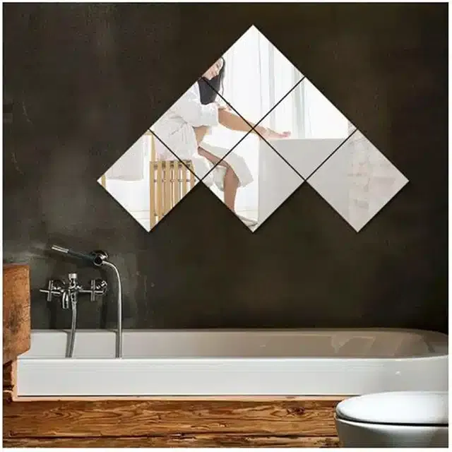 Acrylic Square Shaped Wall Mirror Stickers (Silver, Pack of 6)