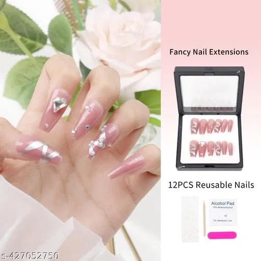 Kamz's Fake Nails Nail Extension Kit - Quick Fix Press On Nails, Aesthetic Acrylic Stick on Nails, Reusable, 12pcs Nails Set for Girls & Kids