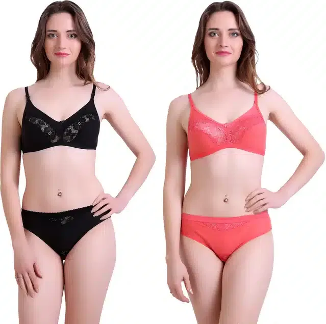Cotton Blend Lingerie Set for Women (Black & Peach, 32) (Set of 2)