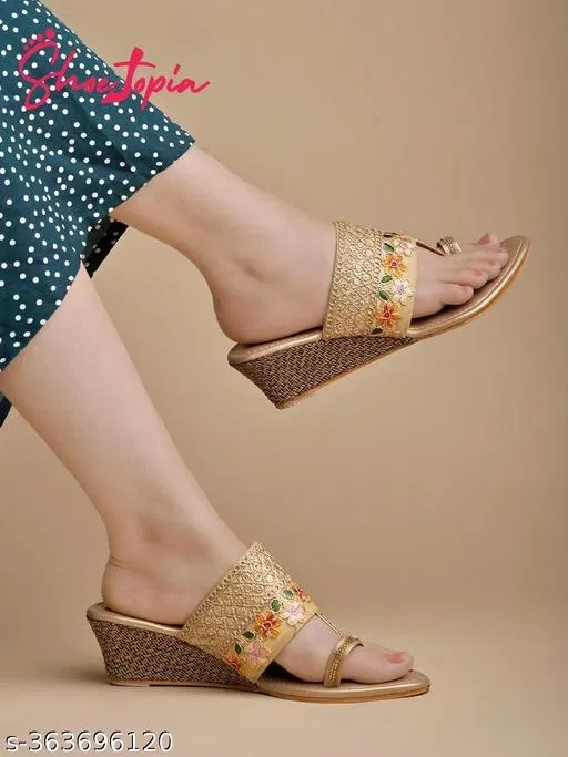 [73] Gold Embellished Wedge Sandals for Women (IND-4)