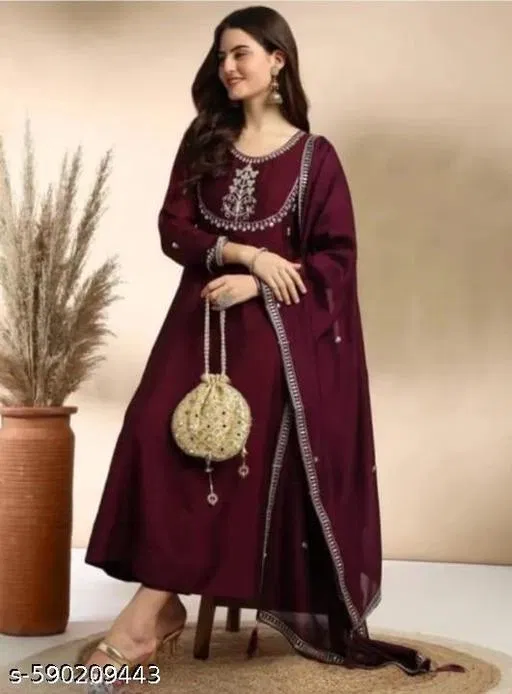 Solid Flared Kurta Set for Women (Maroon, M)