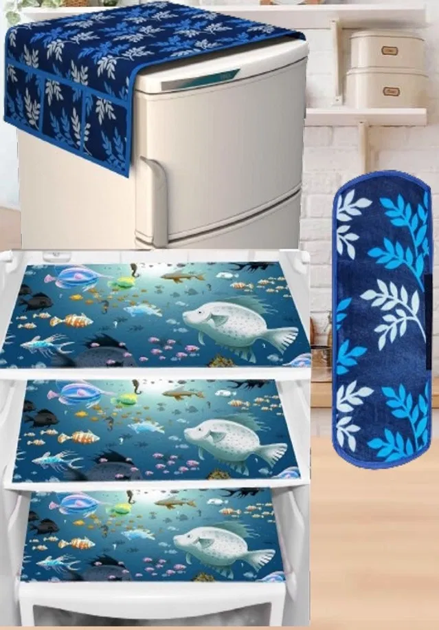 PVC Printed Fridge Top Cover with 3 Pcs Shelf Mats & Handle Cover (Multicolor, Set of 1)