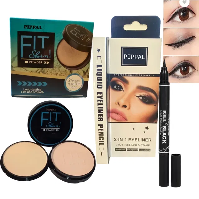 Pippal Fit Skin Powder Compact (20 g) with 2 in 1 Eyeliner (Set of 2)