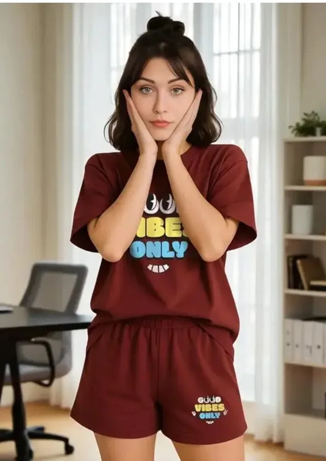 Cotton Blend Printed Top & Bottom Set for Women, Maroon (XXL)