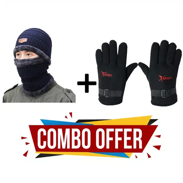 Beanie Cap with Neck Warmer & Gloves for Unisex (Blue & Black, Set of 3)