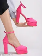 [244] Pink Solid Square Toe Block Sandals for Women 