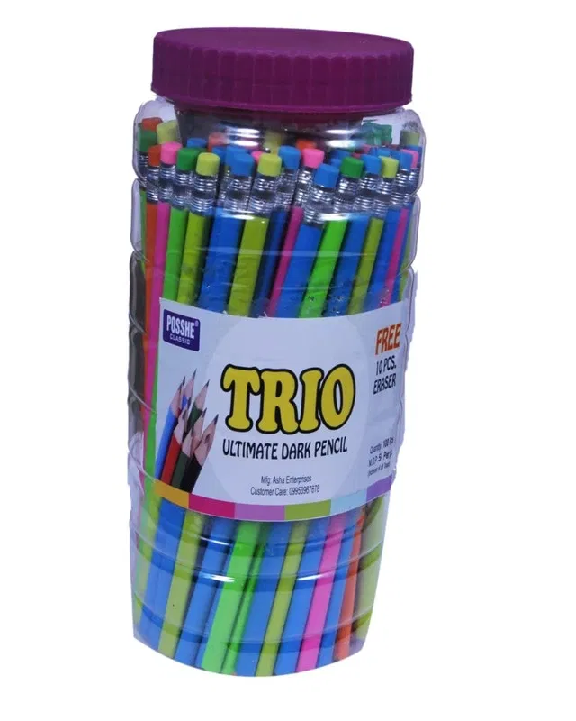 Posshe Super Dark Rubber Tip Pencils with Container (Multicolor, Pack of 100)