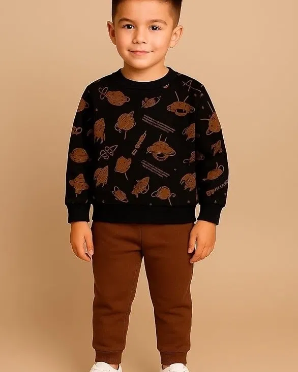 Cotton Printed Clothing Set for Boys, Black & Brown (2-3 Years)