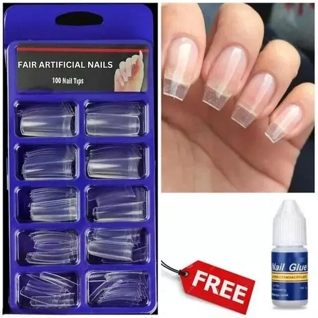 Artificial Reusable 100 Pcs False Nails with Glue (Transparent, Set of 1)