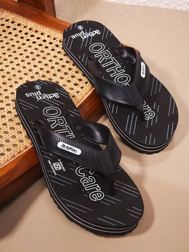 action Casual Flip Flops for Men (Black, 8)
