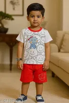 Hosiery Cotton Printed Clothing Set for Kids, White & Red 