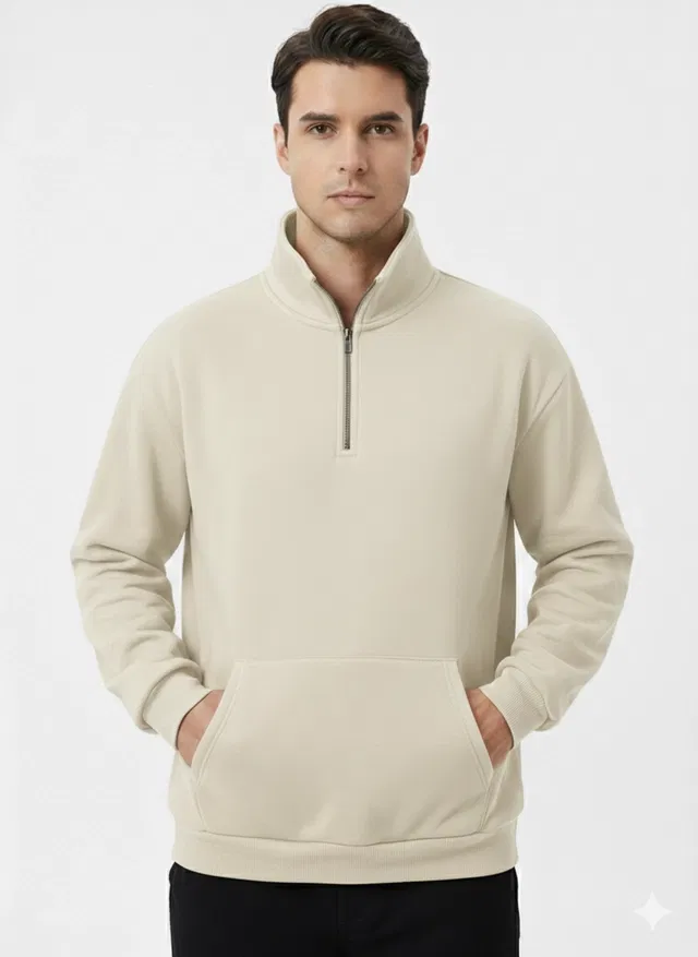 Fleece Solid Sweatshirt for Men, Off White (L)