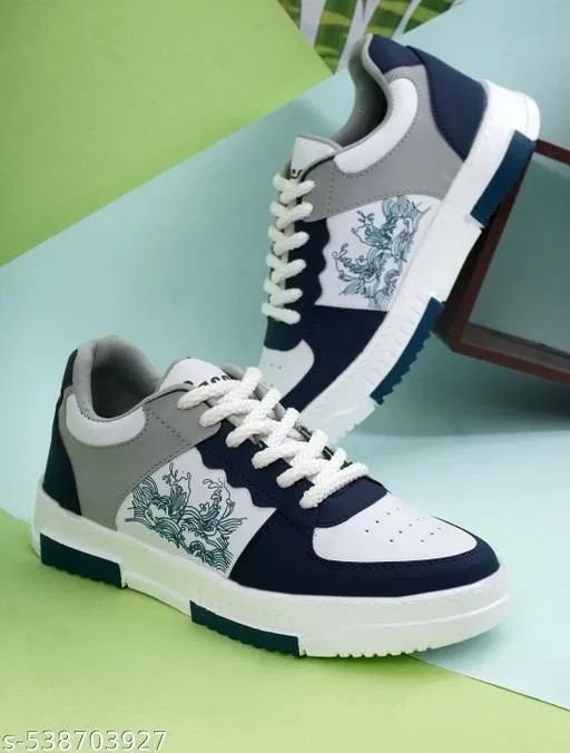 White & Blue Casual Trendy Sneakers for Men (Black, IND-10)