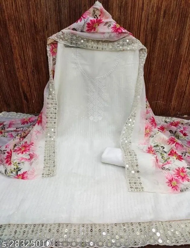 Embroidered Unstitched Suit for Women (White, 2.25 m)