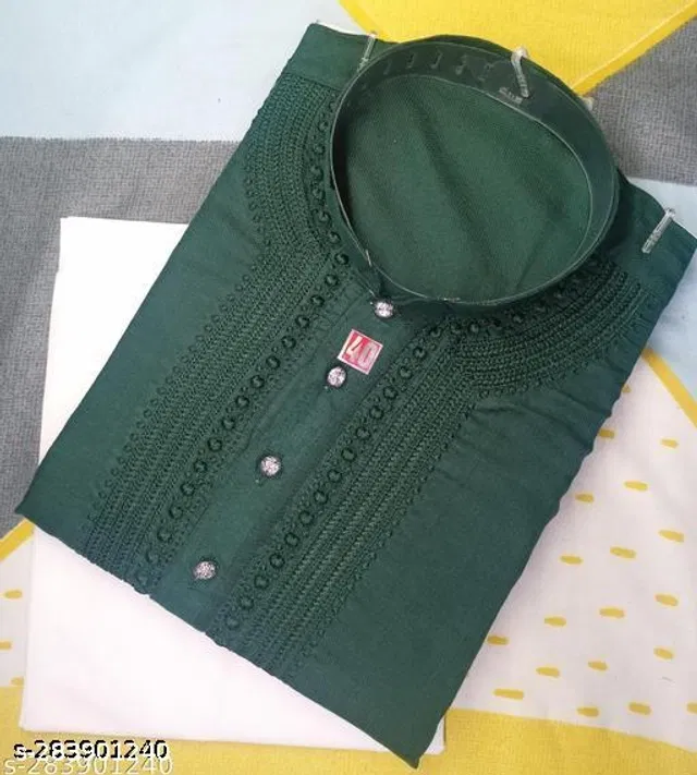 Cotton Embroidered Kurta with Pyjama for Men (Bottle Green & White, XXL)