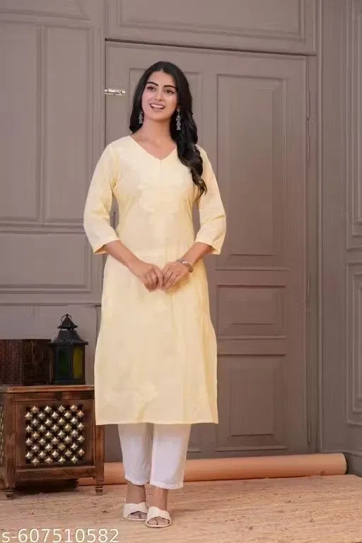 Cotton Chikankari Kurti for Women, Yellow (3XL)