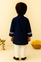 Dupion Silk Printed Kurta with Payjama for Boys, Navy Blue & White 