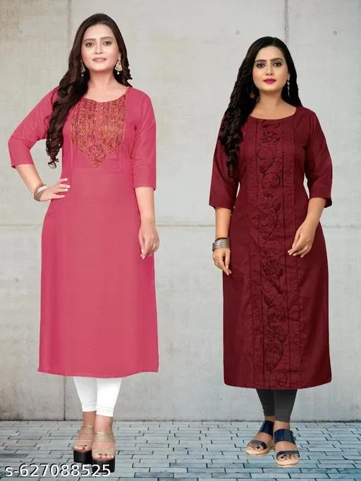 Solid Embroidered Cotton Kurti for Women, Pack of 2 (Pink, 5XL)