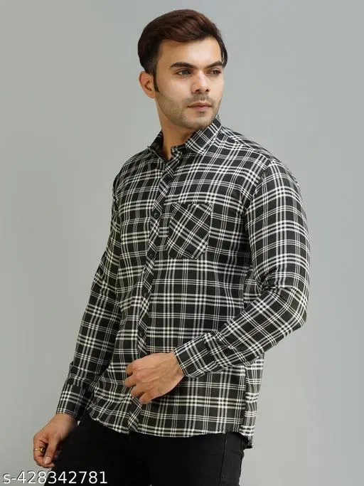 Cotton Blend Checked Shirts for Men, Black (L)