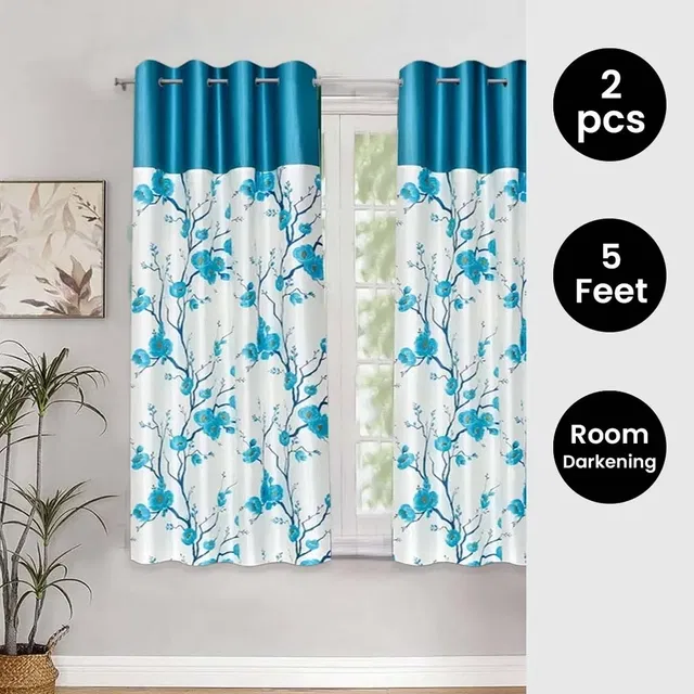 Alaqsa Blue Floral Polyester Window Curtain 5ft Combo (Pack of 2)