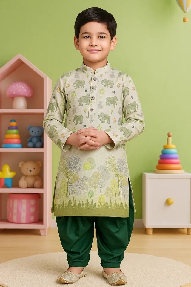 Cotton Blend Printed Kurta with Dhoti for Boys, Green (3-4 Years)