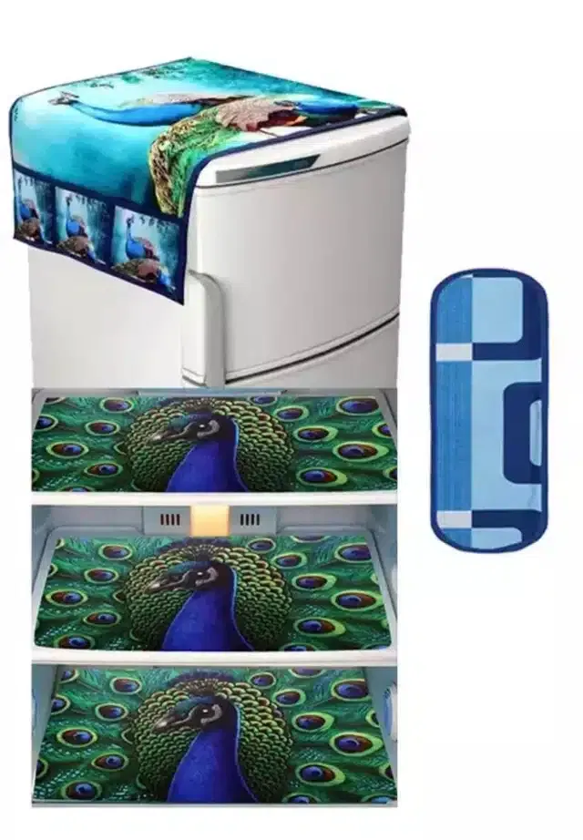 Knit Printed Fridge 3 Pcs Mat with Top & Handle Cover (Multicolor, Set of 1)