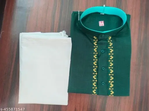 Cotton Solid Kurta Set for Men, White & Teal (XXL)