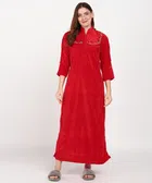 Velvet Embroidered Nightdress for Women (Red, Free Size)